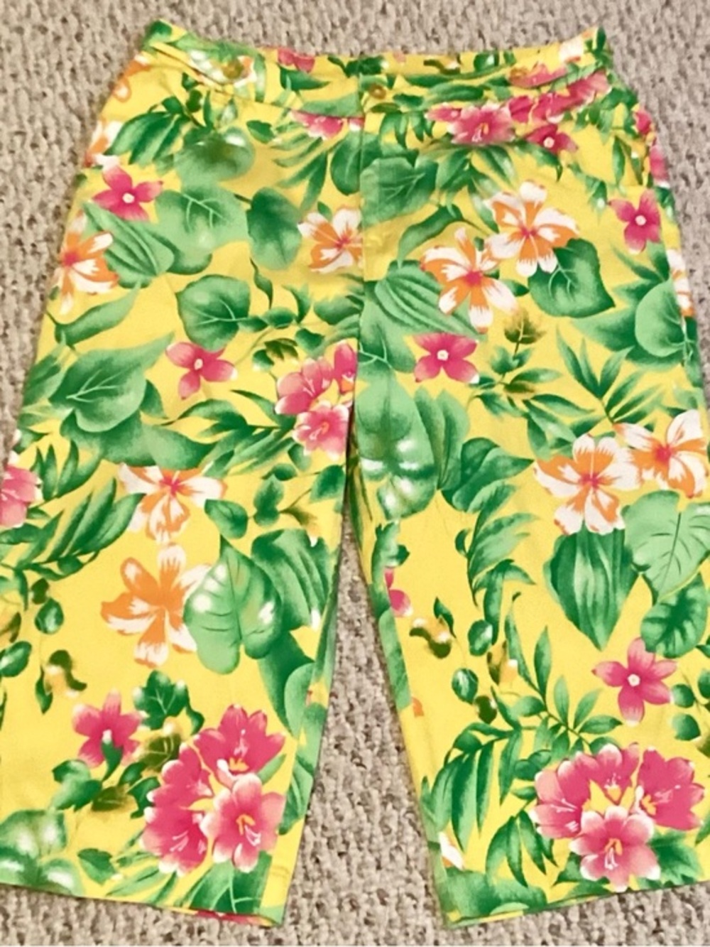 Pappagallo Tropical Hibiscus Print Crop Capri Pants Yellow Green Women's 12